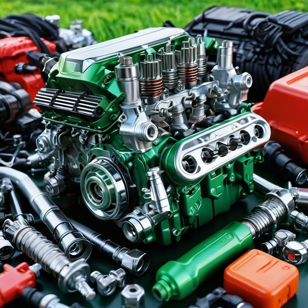 A vibrant, close-up view of gleaming automotive components like engines and tires, surrounded by tools and spark plugs, with a lush green landscape in the background illustrating vehicle maintenance. The image should exude joy and energy, featuring bright colors and a playful design. super-realistic. vibrant colors. 3D.