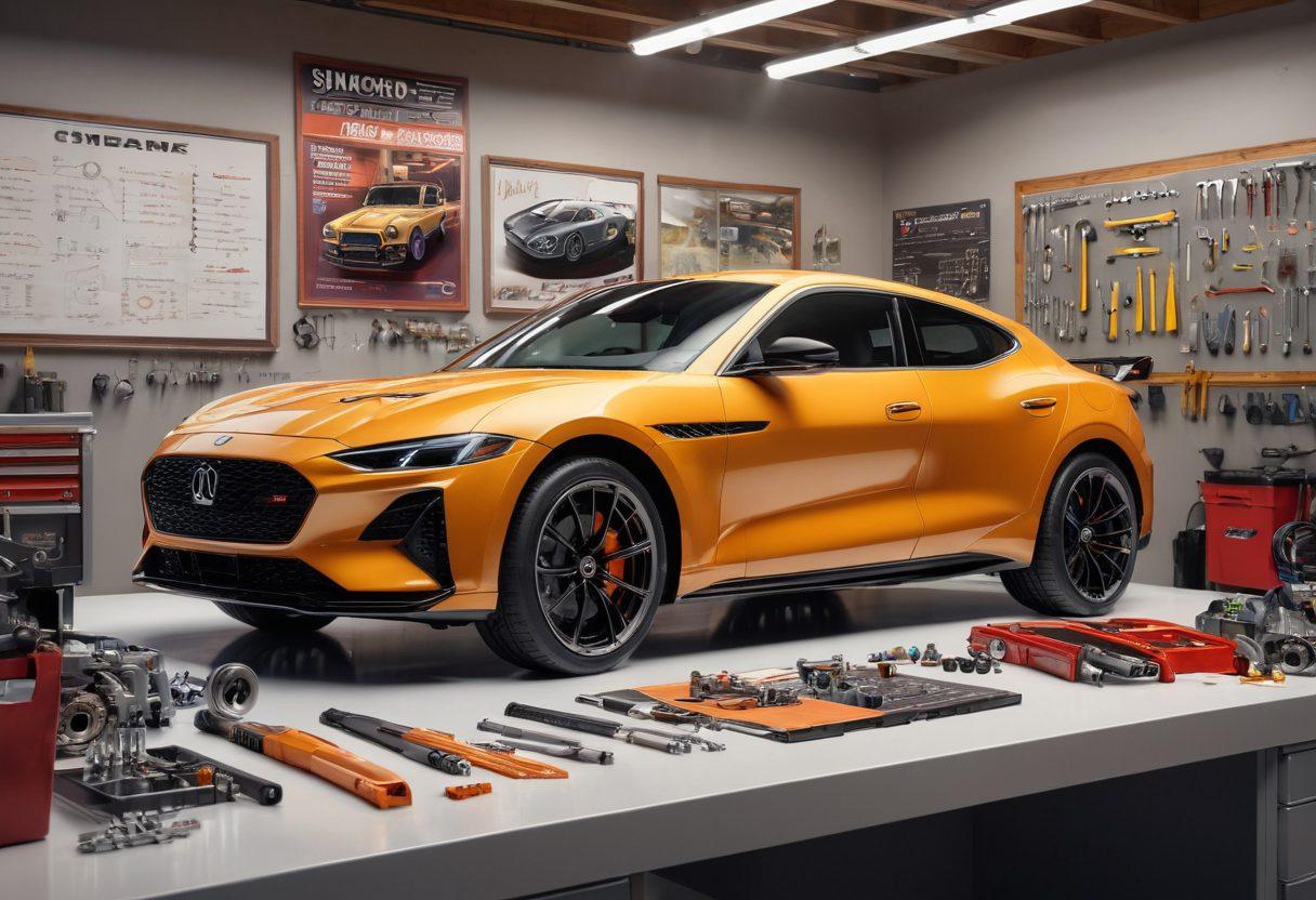 A dynamic automotive scene featuring a sleek car in a garage surrounded by various high-performance parts, tools, and a performance chart on the wall. Bright lighting highlights the intricate details of the engine and bodywork, while a satisfied mechanic inspects the vehicle with a smile. The background includes automotive posters and a workbench cluttered with tools. super-realistic. vibrant colors. 3D.